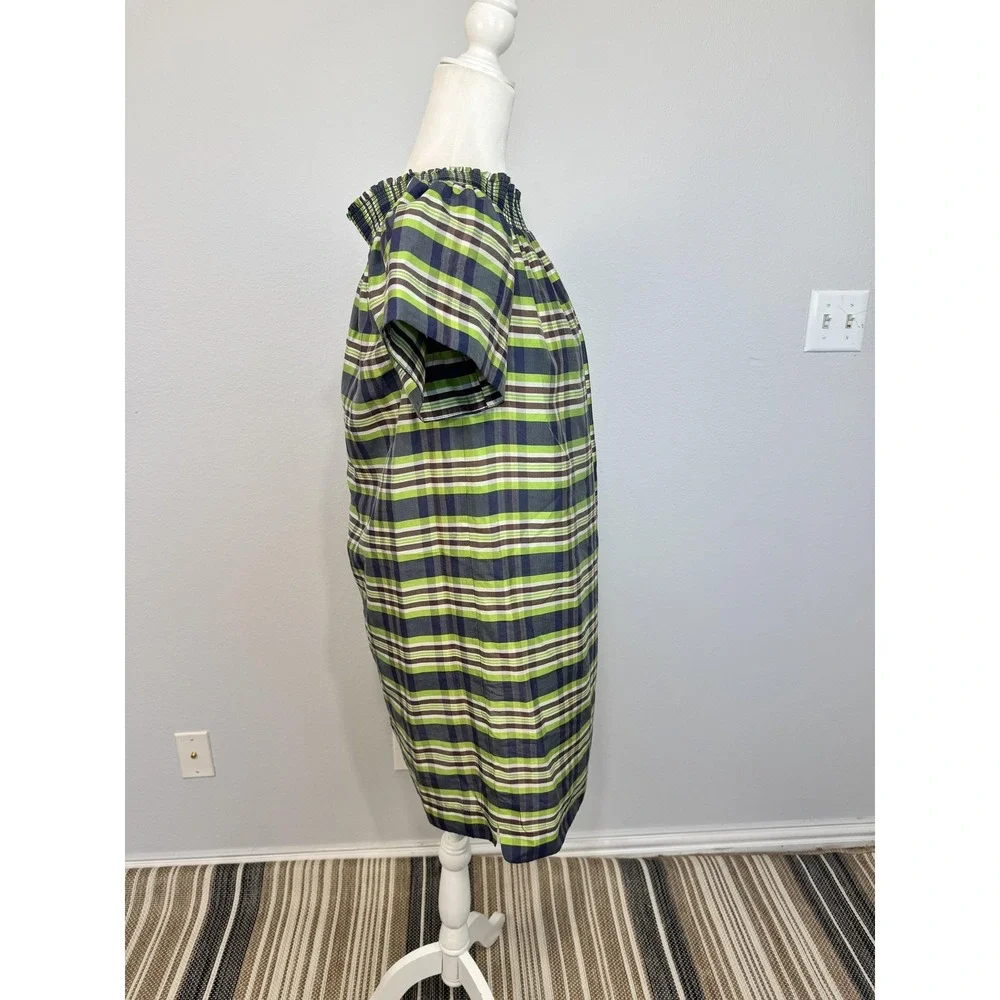 J.Crew Dress Women's Size 2 Green Plaid Off Shoulder Yarn Dyed Silk Shift - Picture 6 of 16